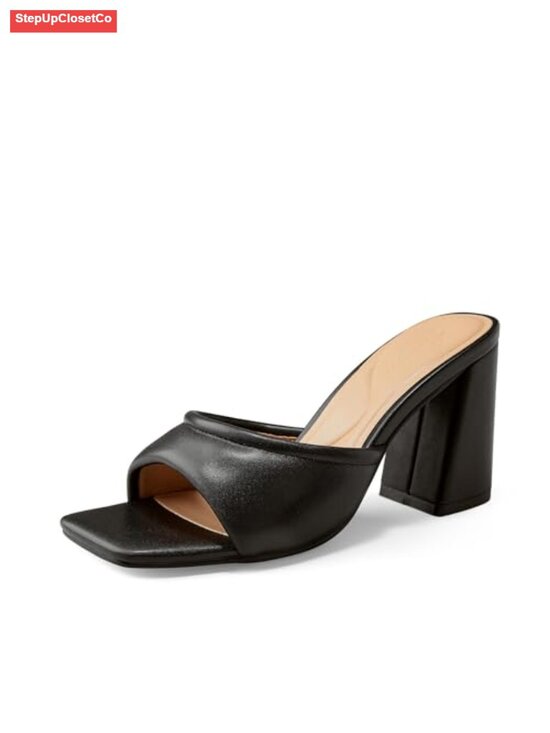 Shoes - Faux Leather Square Toe Chunky Heel Mules